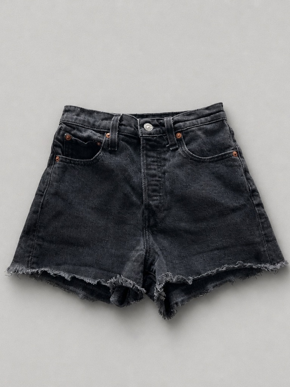EUC Levi's High-Waist Ribcage Black Denim Cutoff Shorts with Frayed Hem (24)